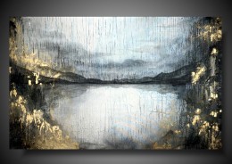 Złoty obraz burza nad jeziorem pejzaż malowany 1988A